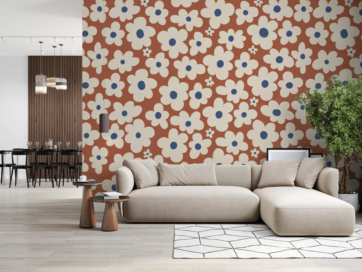 Papier peint panoramique à motif floral rétro crème et rouille