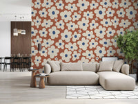 Papier peint panoramique à motif floral rétro crème et rouille