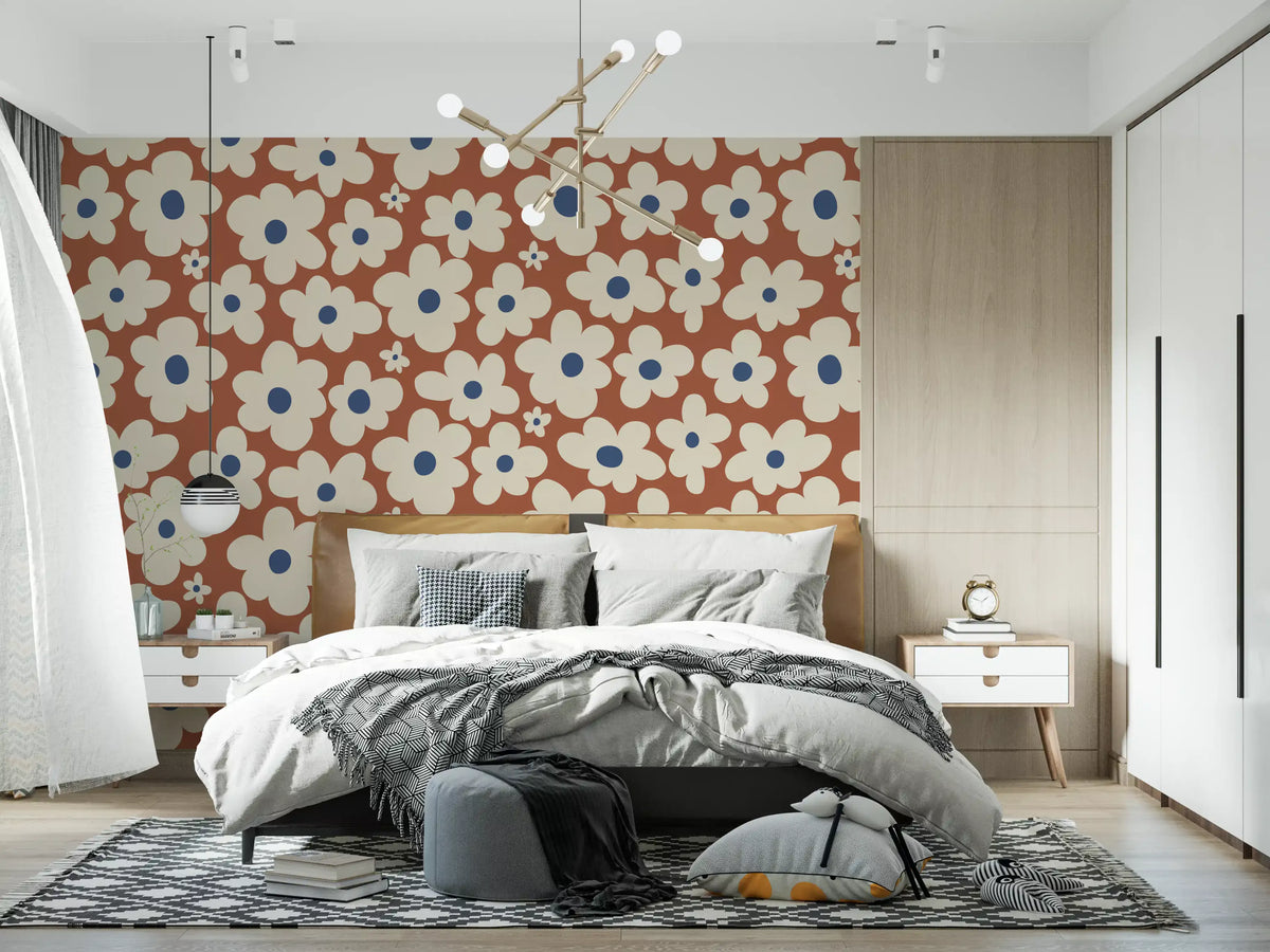 Papier peint panoramique à motif floral rétro crème et rouille