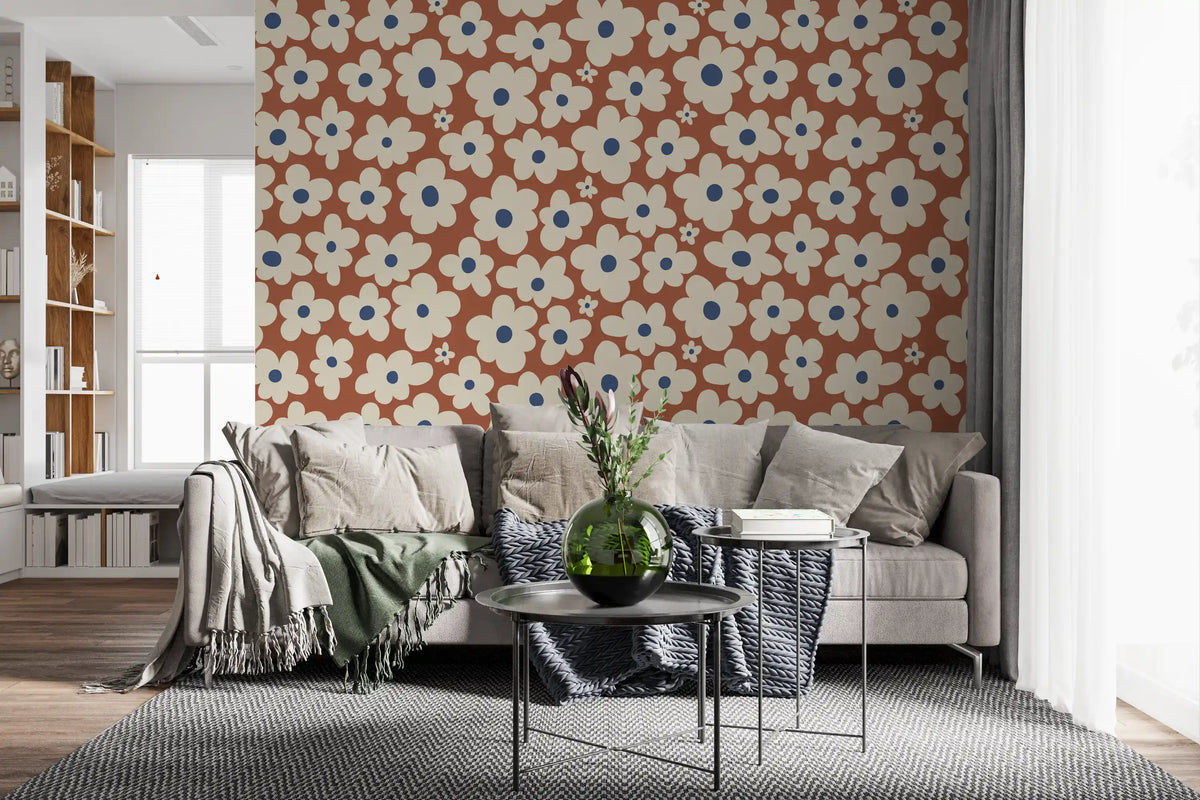 Papier peint panoramique à motif floral rétro crème et rouille