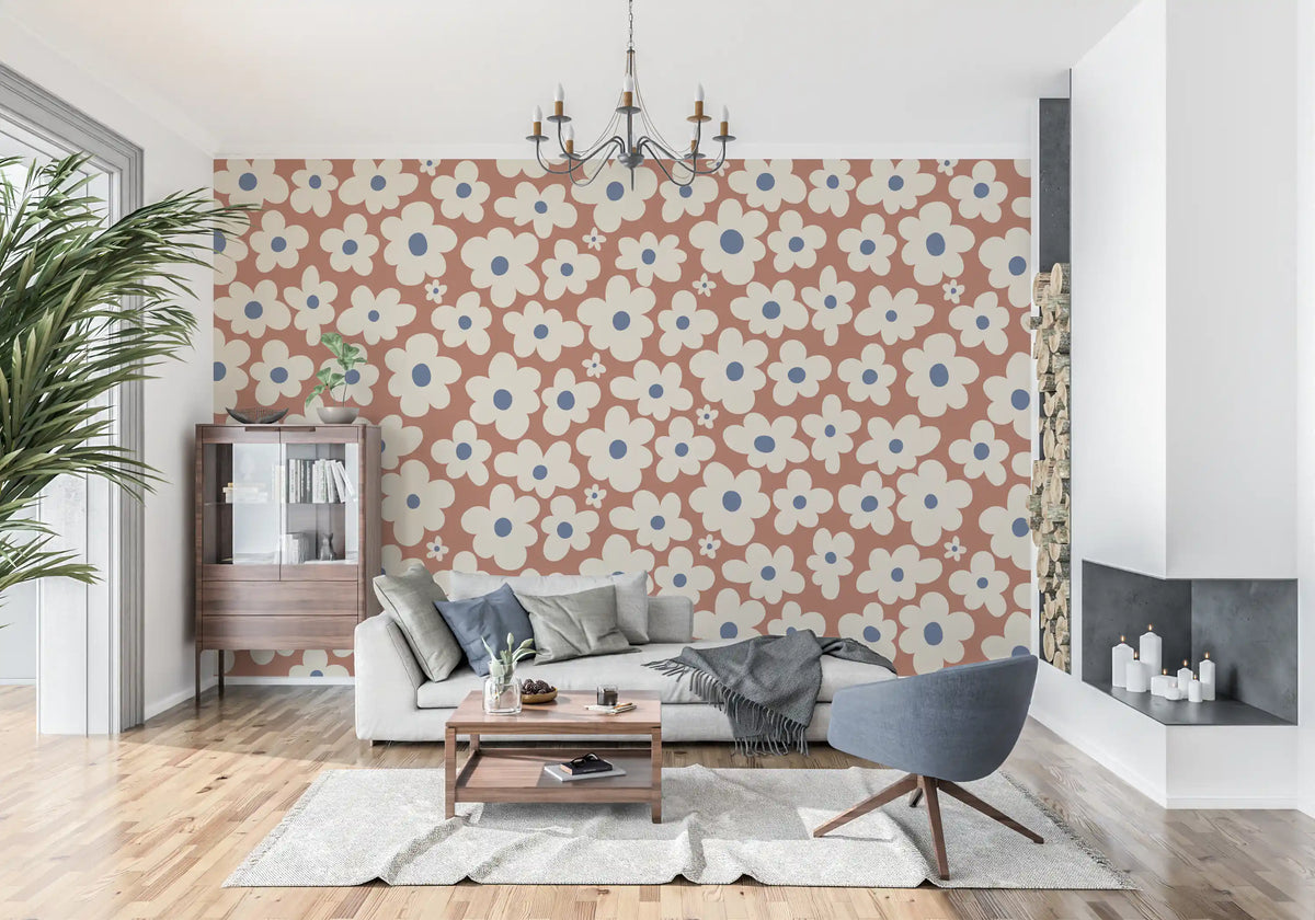Papier peint panoramique à motif floral rétro crème et rouille