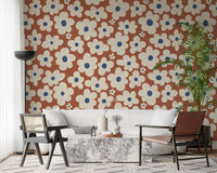 Papier peint panoramique à motif floral rétro crème et rouille