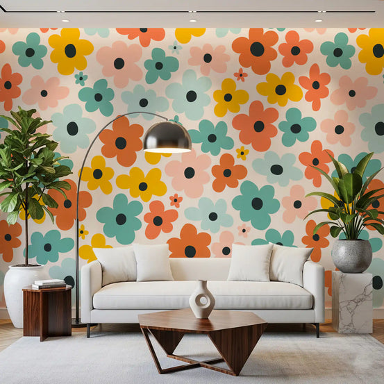 Retro Flower Power -kuvioinen seinämaalaus