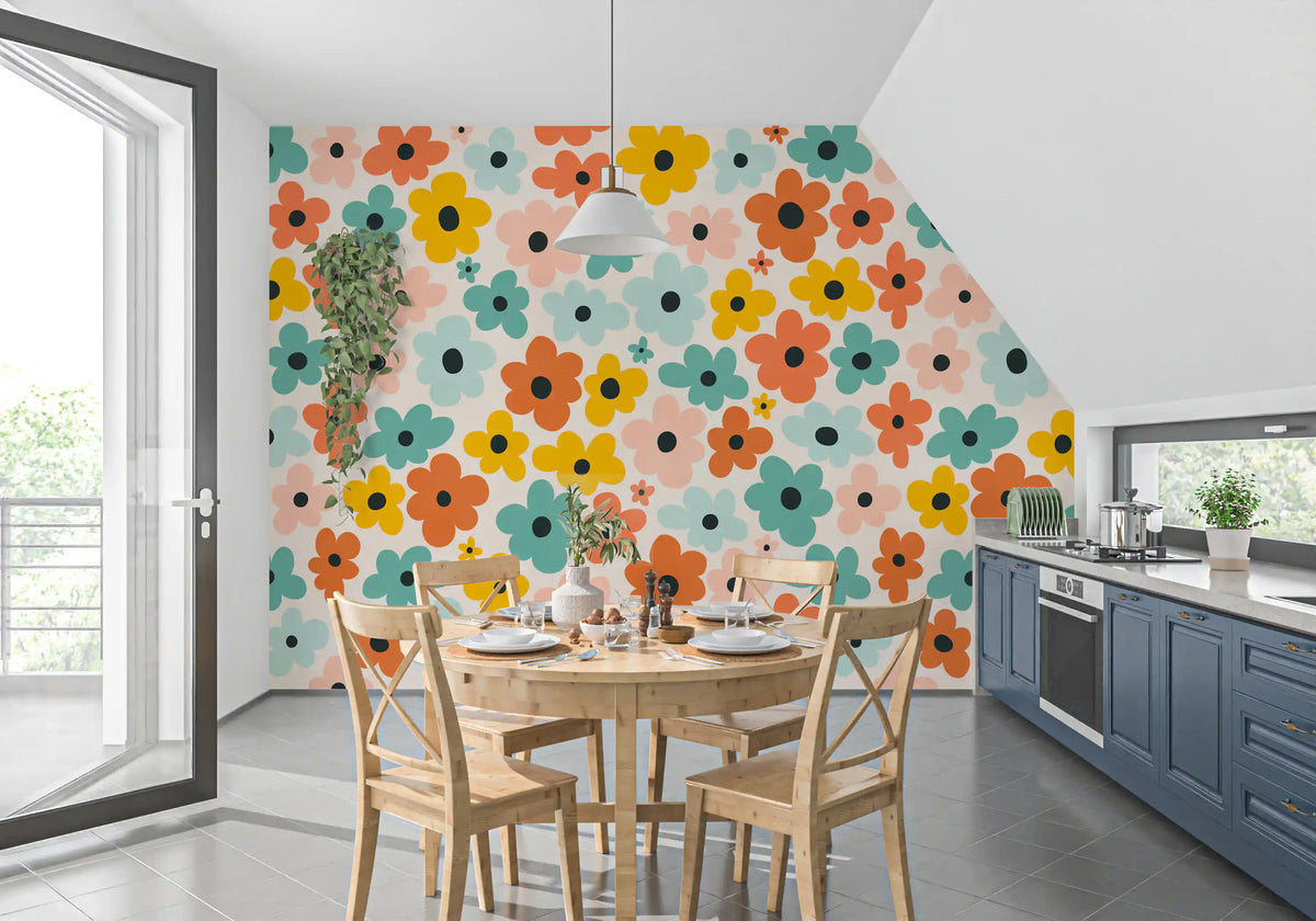 Papier peint panoramique motif Flower Power rétro