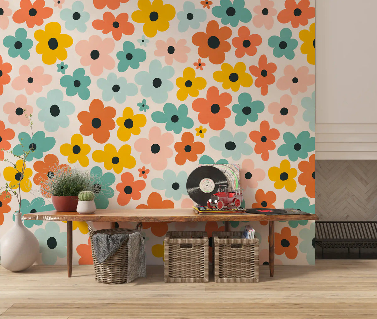 Papier peint panoramique motif Flower Power rétro