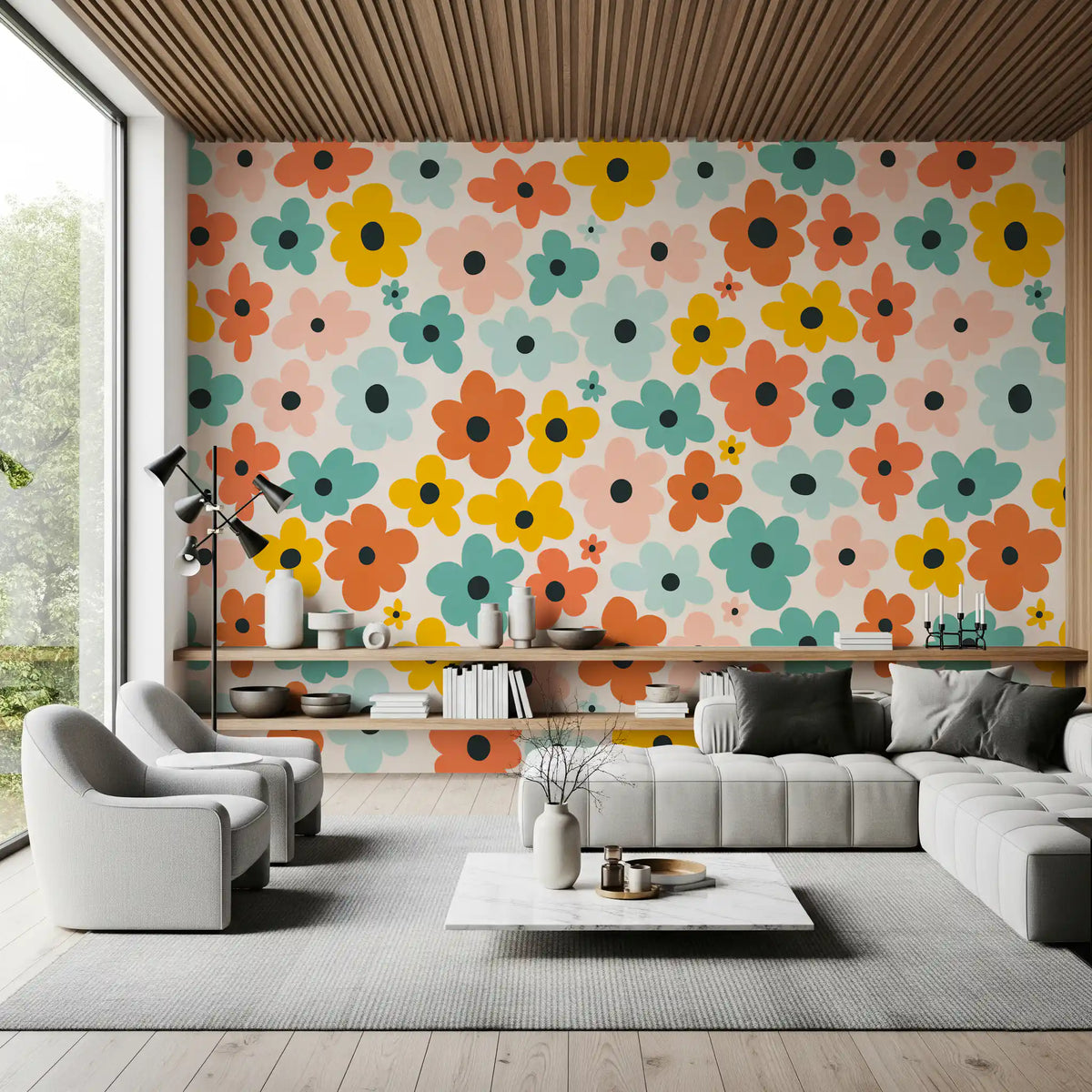 Papier peint panoramique motif Flower Power rétro