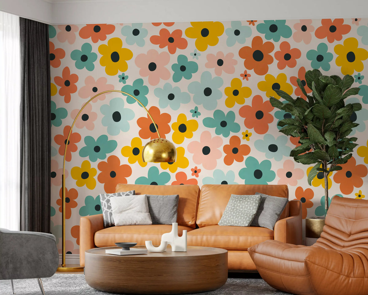 Papier peint panoramique motif Flower Power rétro