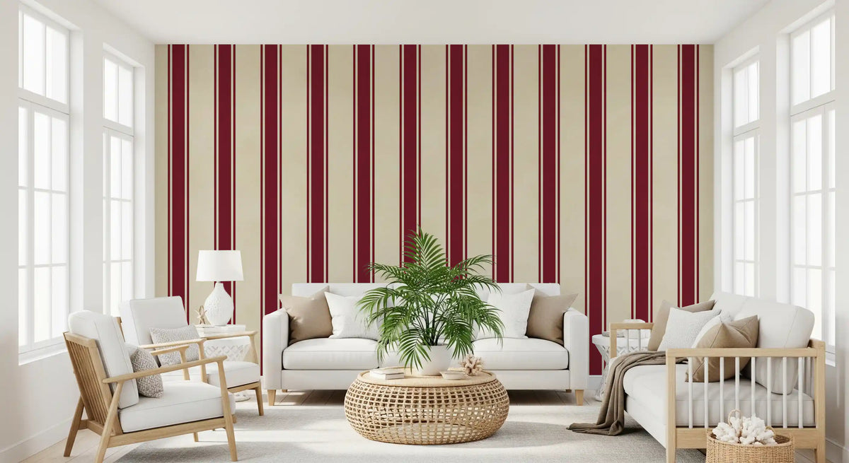 Mural de parede com padrão clássico de riscas cor de vinho e creme