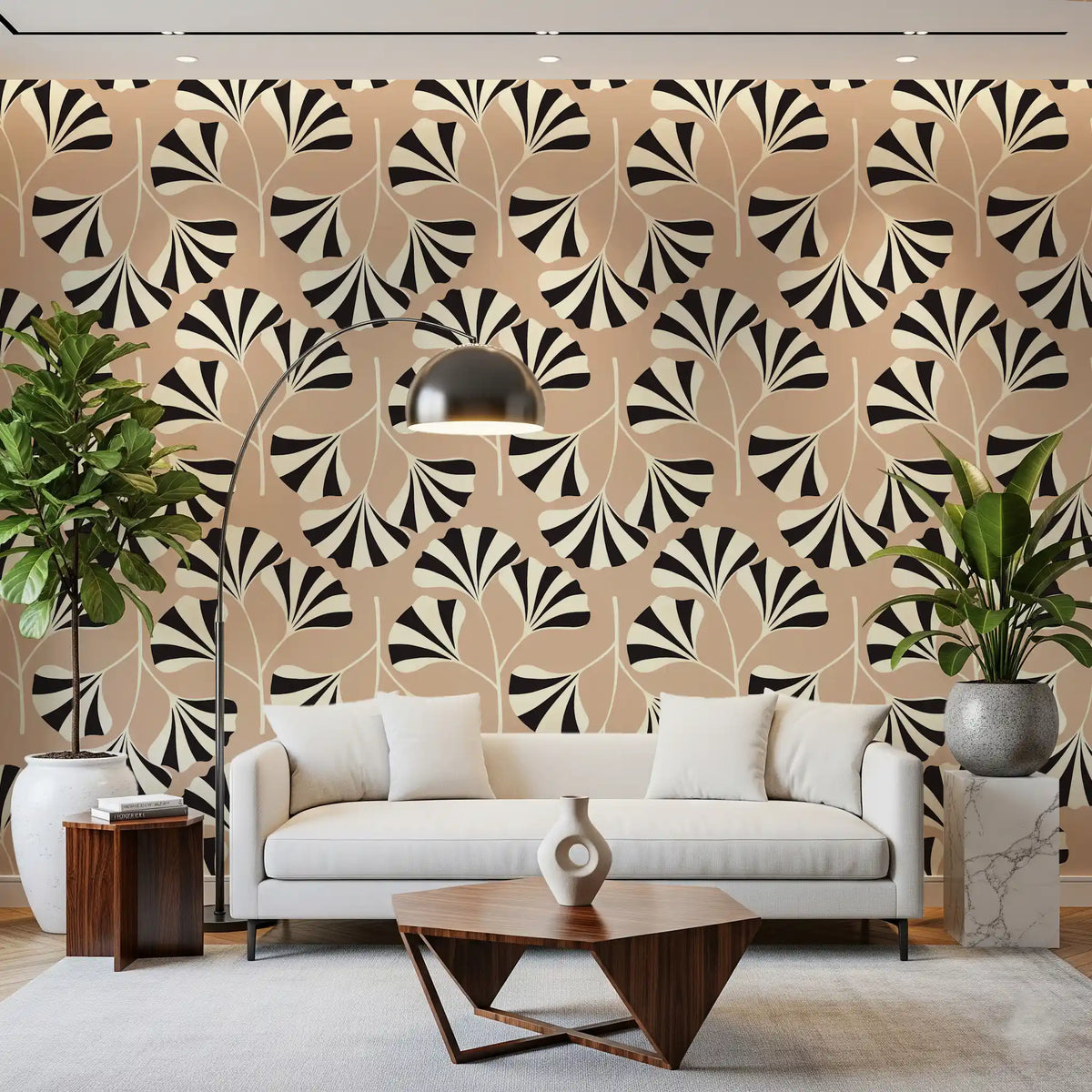 Minimalistisk väggmålning med ginkgobladsmönster