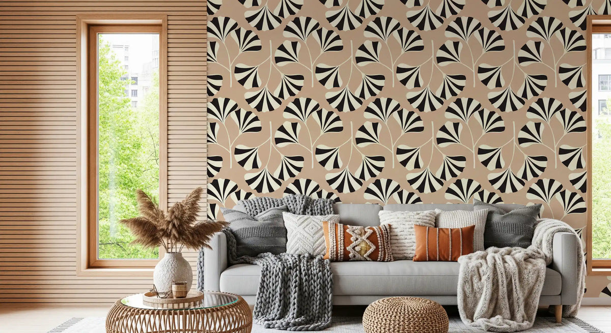 Minimalistisk väggmålning med ginkgobladsmönster