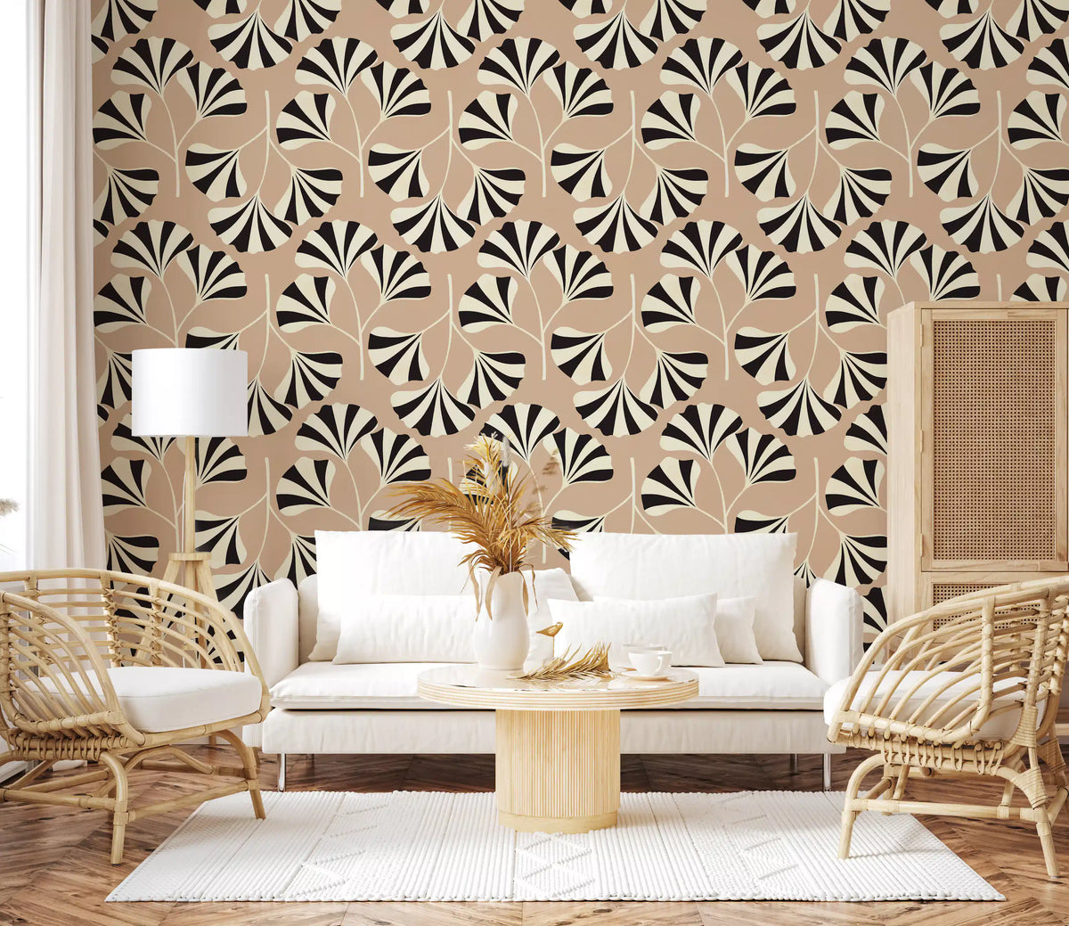 Minimalistisk väggmålning med ginkgobladsmönster