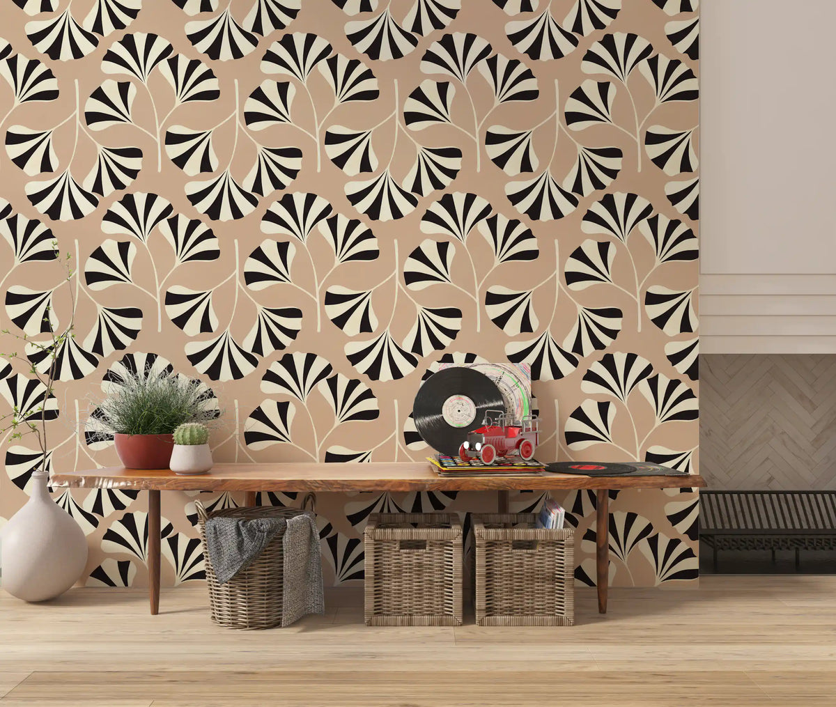 Minimalistisk väggmålning med ginkgobladsmönster