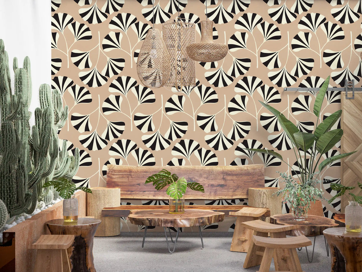 Minimalistisk väggmålning med ginkgobladsmönster