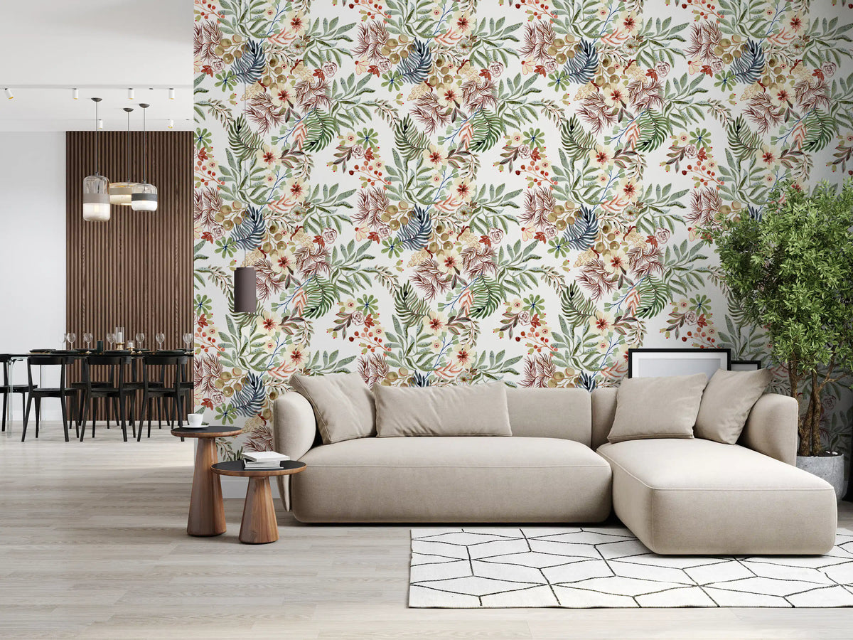 Tapet med illustration af vilde blomster fra en rustik eng