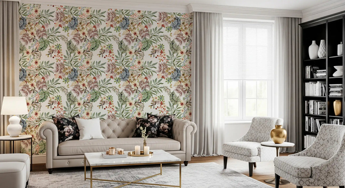 Tapet med illustration af vilde blomster fra en rustik eng