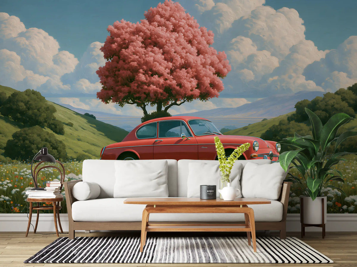 Vintage rode coupé in lent Weide wanddecoratie