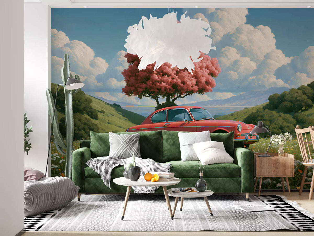Vintage rode coupé in lent Weide wanddecoratie