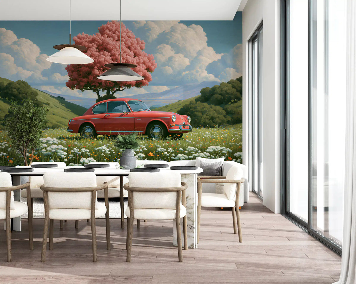 Vintage rode coupé in lent Weide wanddecoratie