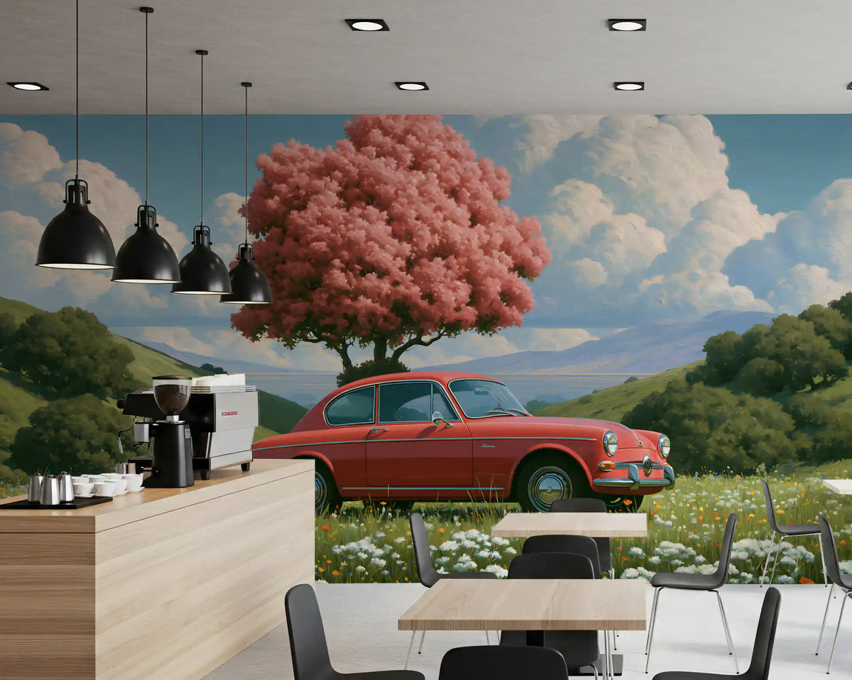 Vintage rode coupé in lent Weide wanddecoratie