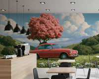 Vintage rode coupé in lent Weide wanddecoratie