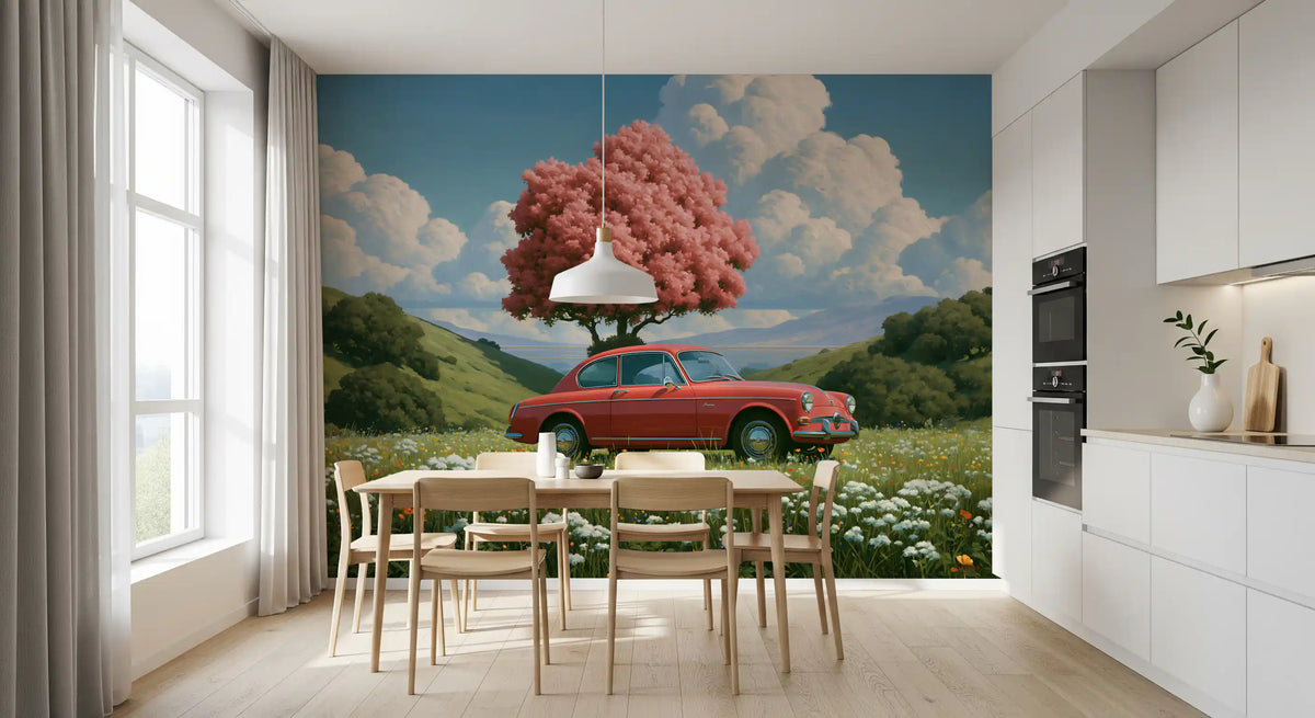 Vintage rode coupé in lent Weide wanddecoratie