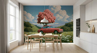Vintage rode coupé in lent Weide wanddecoratie