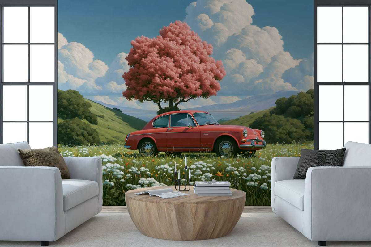 Vintage rode coupé in lent Weide wanddecoratie