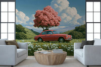 Vintage rode coupé in lent Weide wanddecoratie