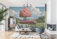 Vintage rode coupé in lent Weide wanddecoratie