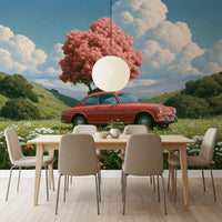 Vintage rode coupé in lent Weide wanddecoratie