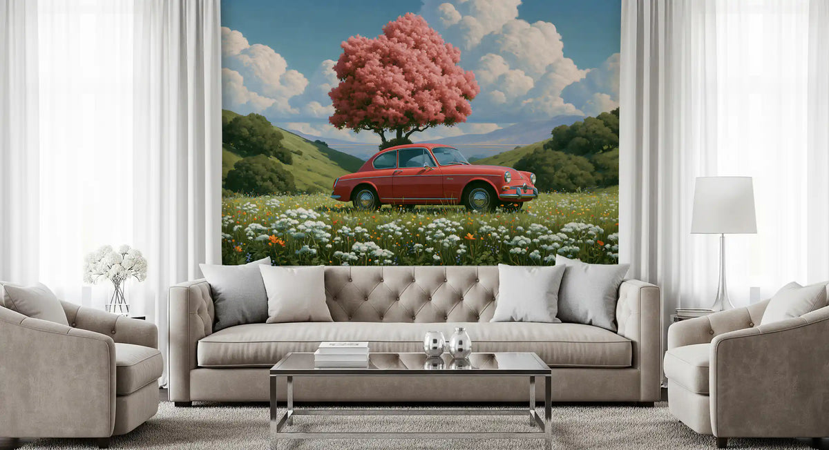 Vintage rode coupé in lent Weide wanddecoratie