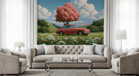 Vintage rode coupé in lent Weide wanddecoratie
