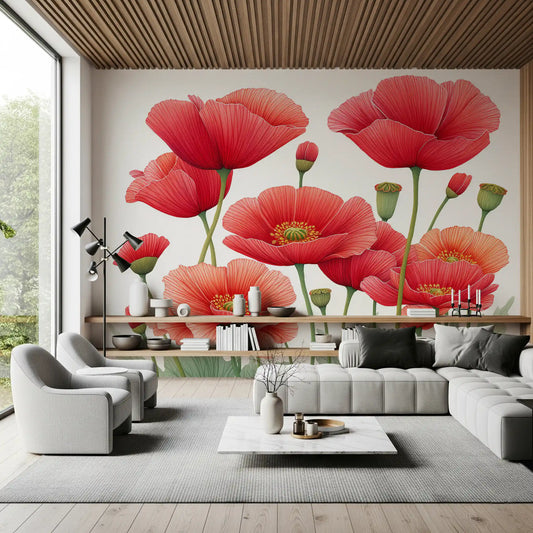 Mural panoramique mural « Coquelicots cramoisis en fleurs »