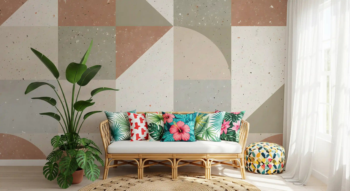 Papier peint panoramique mural avec composition géométrique de carreaux en terrazzo