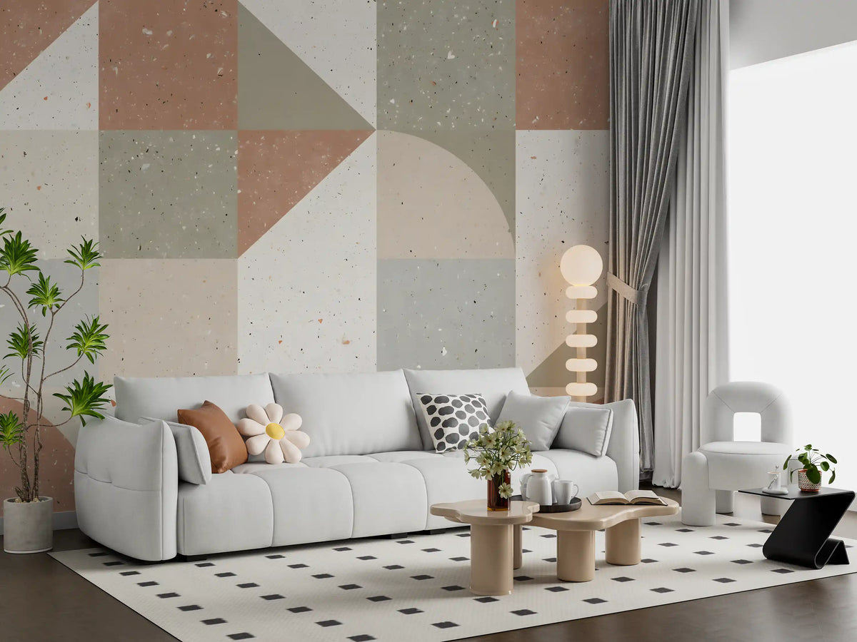 Papier peint panoramique mural avec composition géométrique de carreaux en terrazzo