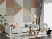 Papier peint panoramique mural avec composition géométrique de carreaux en terrazzo