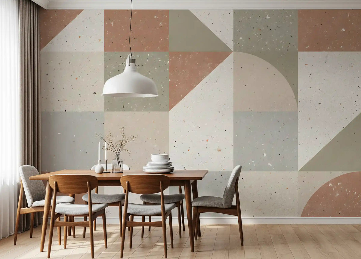 Papier peint panoramique mural avec composition géométrique de carreaux en terrazzo