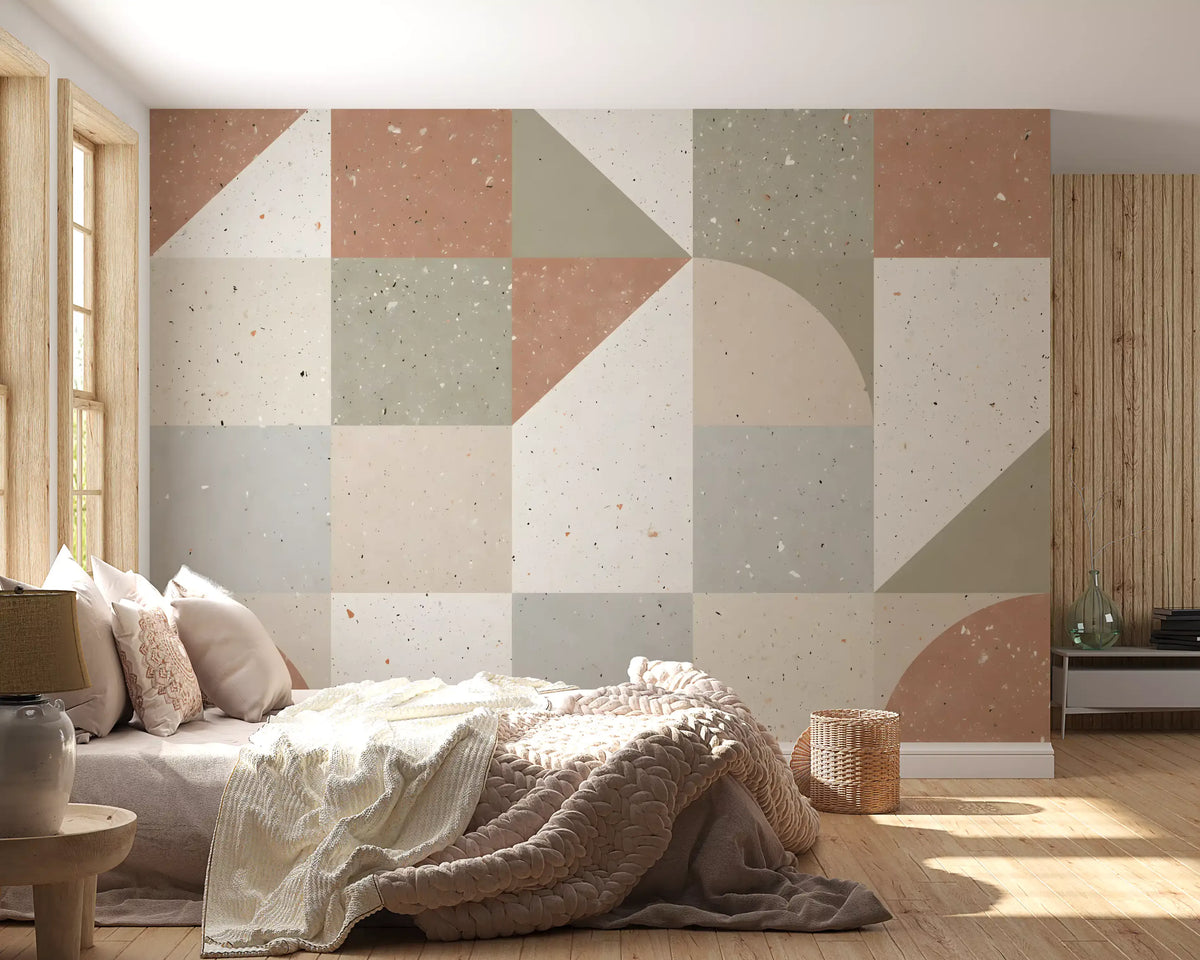 Papier peint panoramique mural avec composition géométrique de carreaux en terrazzo