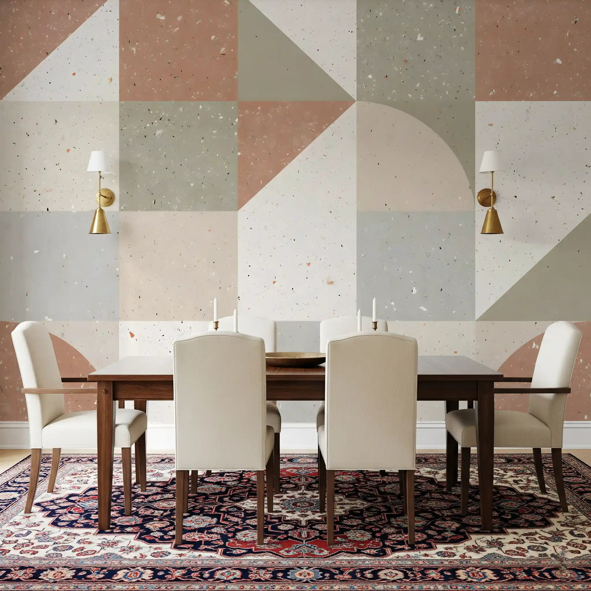 Papier peint panoramique mural avec composition géométrique de carreaux en terrazzo