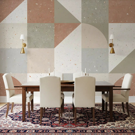 Papier peint panoramique mural avec composition géométrique de carreaux en terrazzo