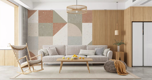 Papier peint panoramique mural avec composition géométrique de carreaux en terrazzo