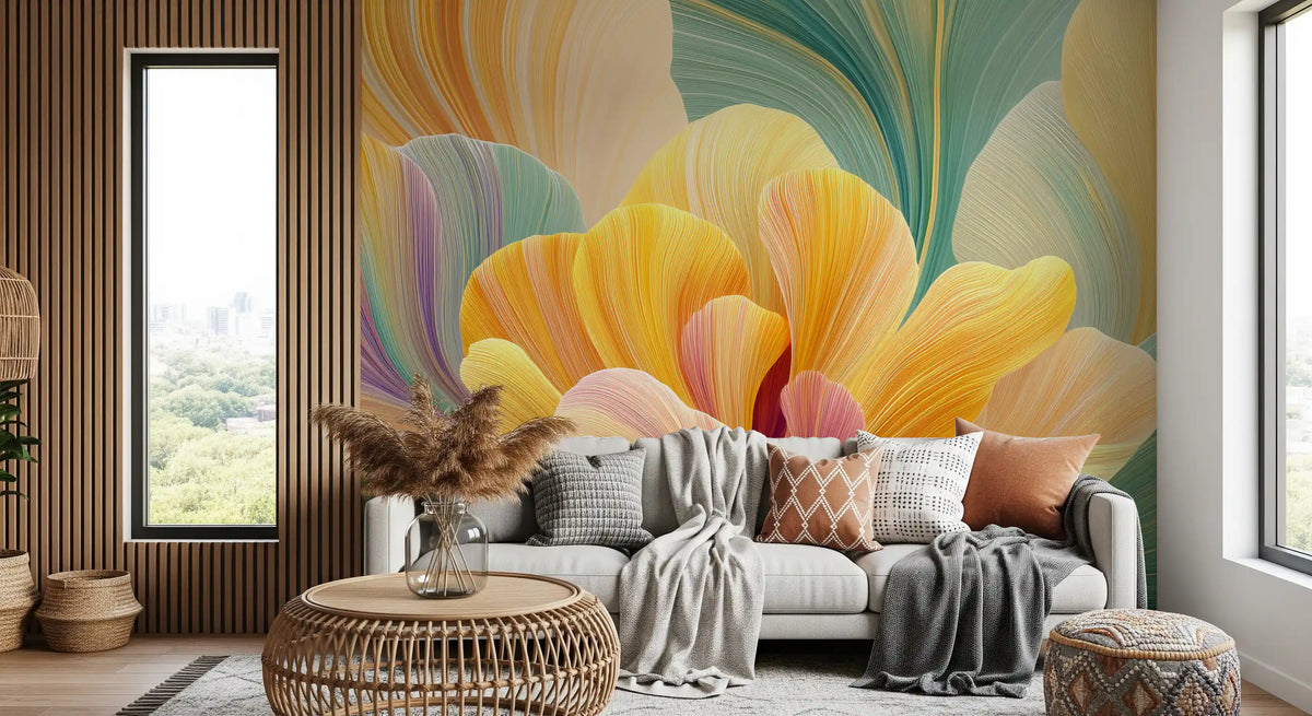 Papier peint panoramique en couches de pétales pastel