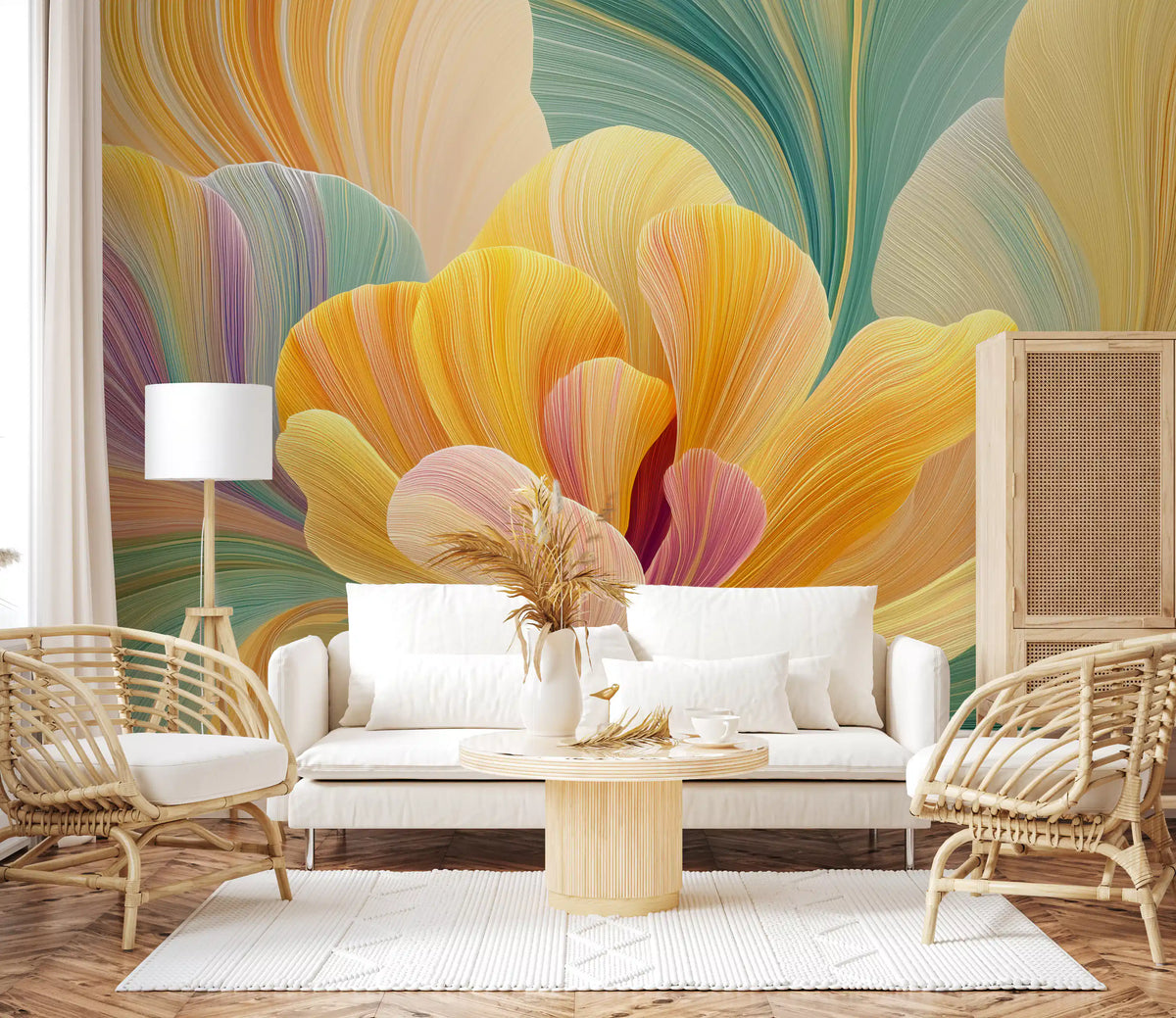 Papier peint panoramique en couches de pétales pastel