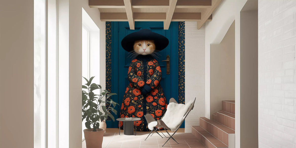 Cat wallpaper mural at the end of a bright hallway with stairs and a butterfly chair GD13818