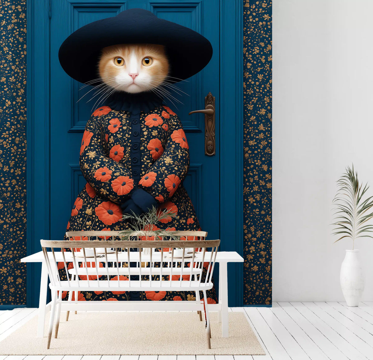 Wandbild „Königliche Raubkatze“ mit Mohnblumenmuster-Kleidung