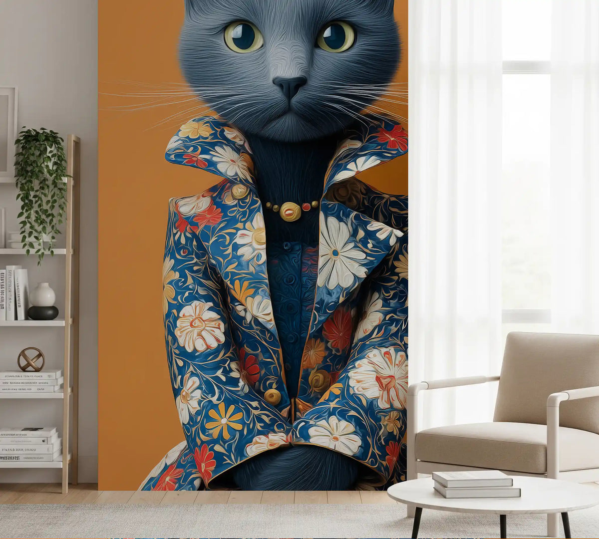 Elegante Katze in floraler Pracht als Wandbild
