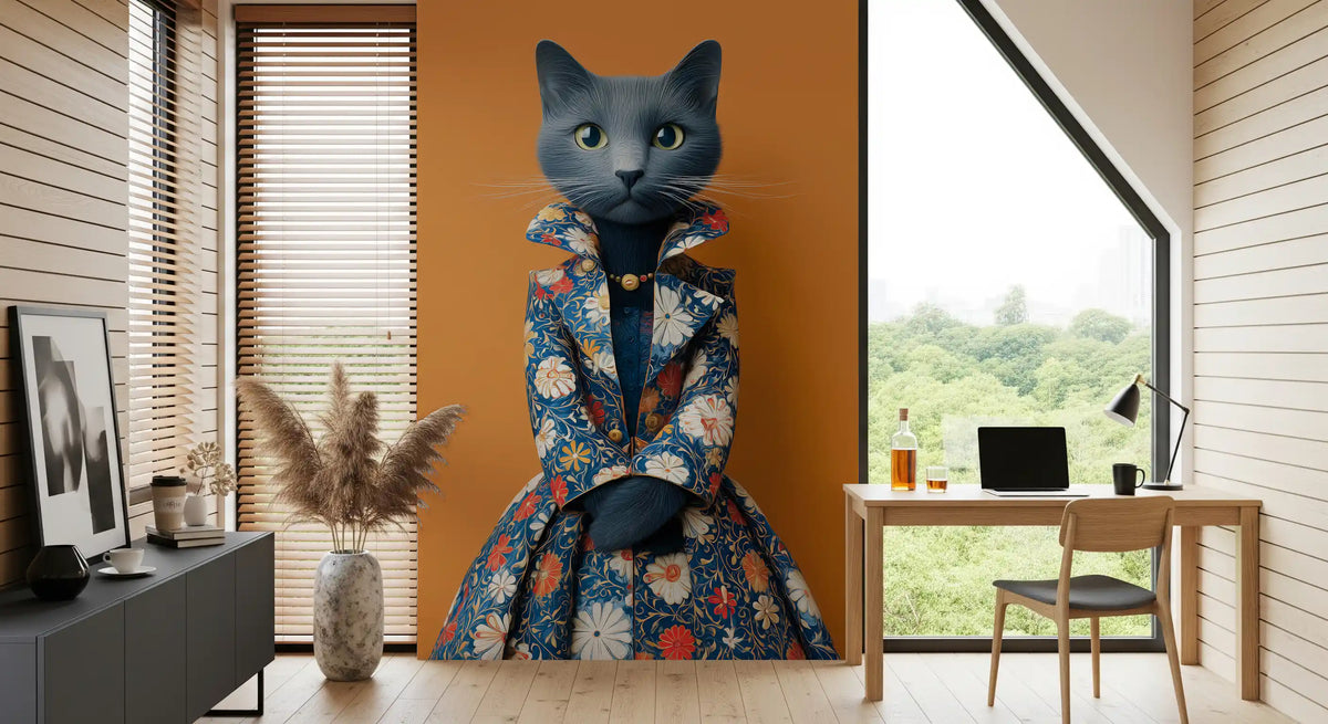 Elegante Katze in floraler Pracht als Wandbild