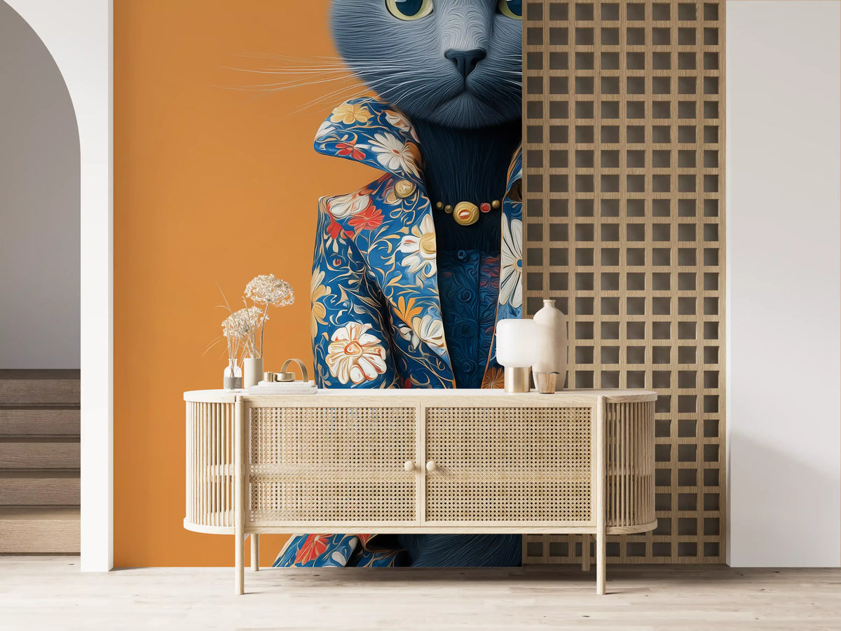 Elegante Katze in floraler Pracht als Wandbild