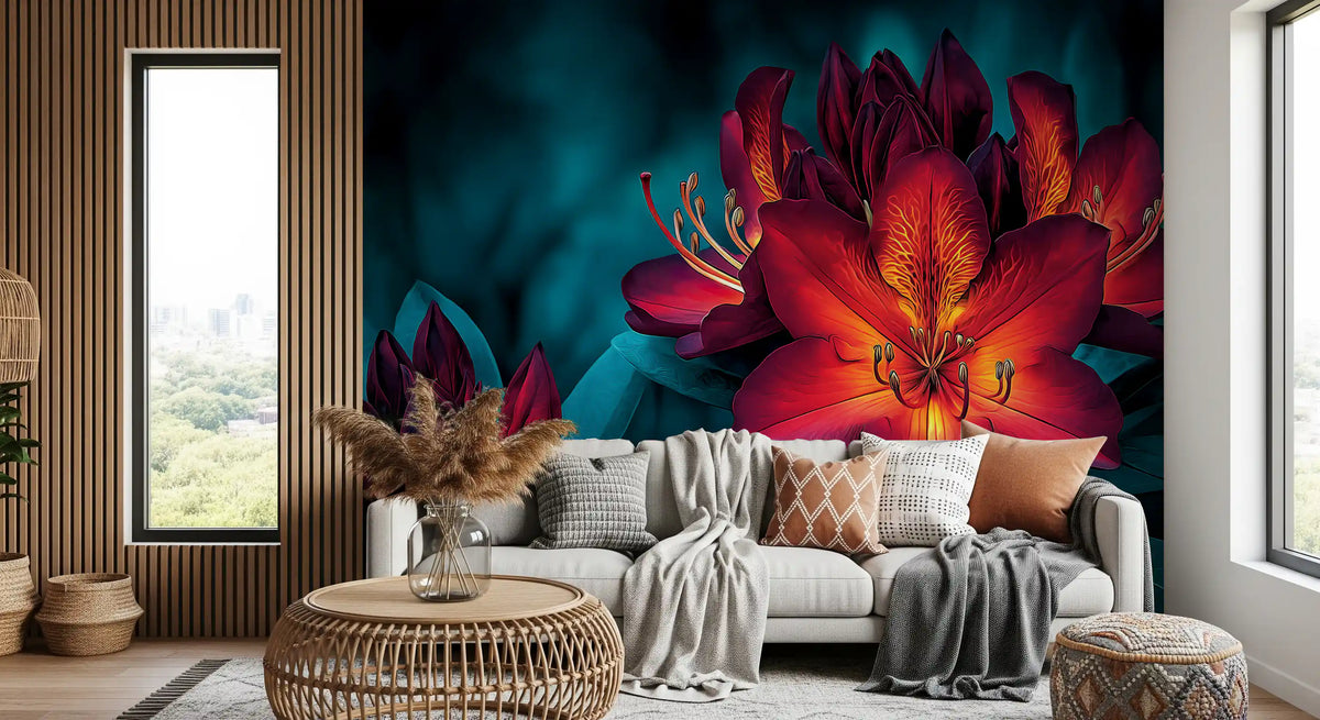 Moody Teal and Crimson Petals Wall Mural