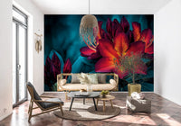 Moody Teal and Crimson Petals Wall Mural